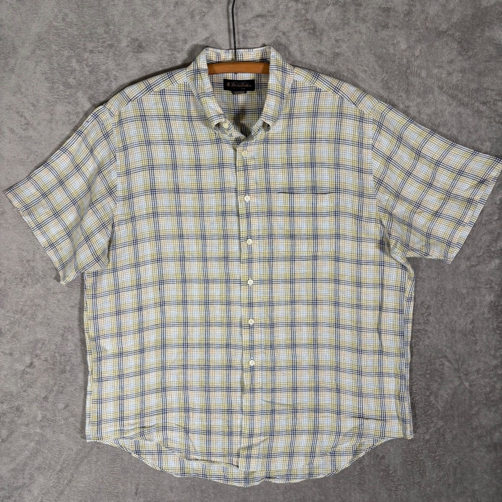 Brooks Brothers Mens XL Irish Linen Short Sleeve Button Down Plaid Shirt Blue